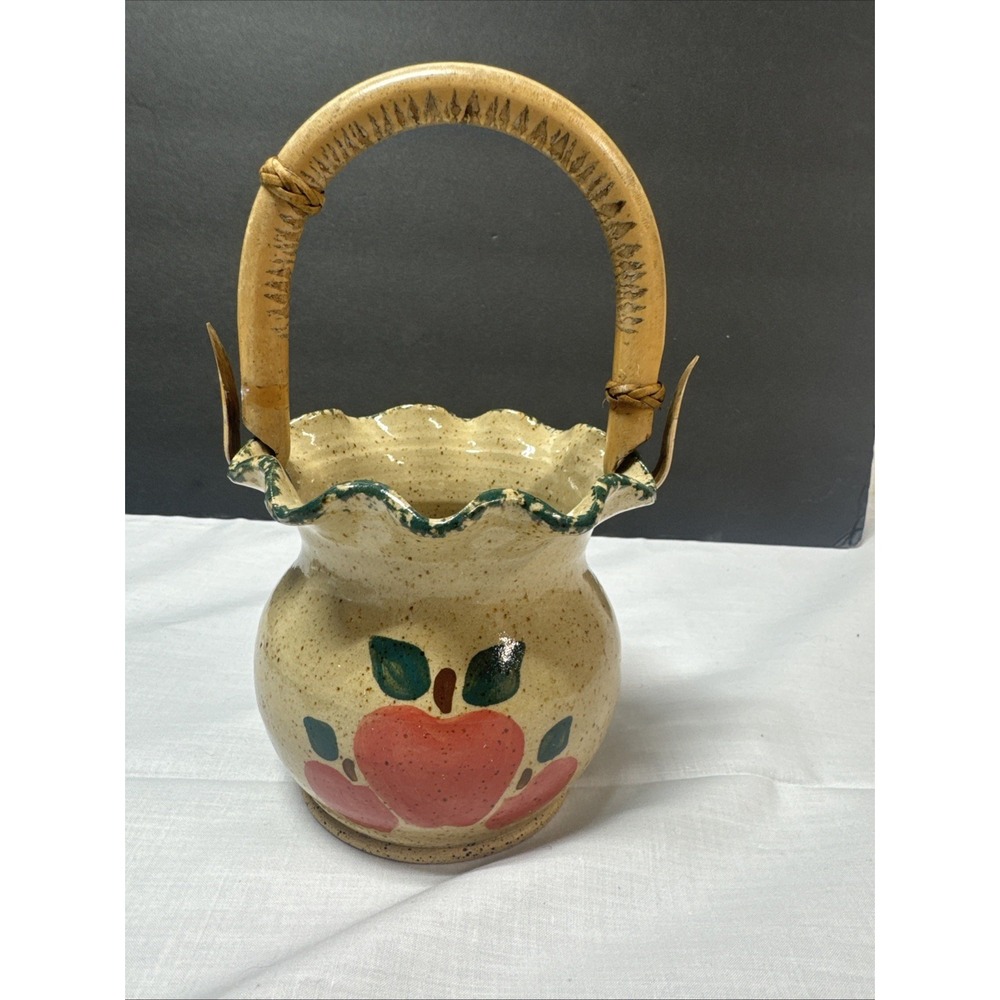 Three Rivers Pottery Basket Wooden Handle Handpainted Apples 1992